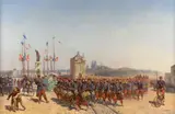 Les troupes militaires quittant Orléans devant la Jeanne d'Arc d'Étienne-Pierre-Adrien Gois by Charles Dominique Oscar Lahalle, Huile sur toile, offered Sep 2026