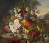 Corbeille de fleurs et fruits dans un paysage rocheux by Virginie Sartorius, Huile sur toile, sold Sep 2026