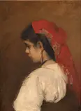 Jeune fille au châle rouge de profil by Carl Jacoby, Huile sur toile (Toile d'origine), sold Sep 2026
