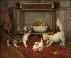 Famille de chats jouant sur un tapis by Eugène Lambert, Huile sur toile (Toile d’origine), sold Sep 2026