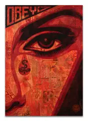 Eye Alert (Red), 2010 by Shepard Fairey, Pochoir, peinture aérosol et collages sur toile, sold Apr 2026