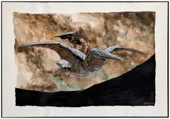 Arzach by Christophe Chabouté, Technique mixte sur papier pour une illustration inspirée de ce personnage créé par Mœbius en 1975 dans, sold Jun 2026