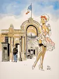 Le palais de l’Élysée by Felix Meynet, Encre de Chine et aquarelle sur carton pour une illustration représentant une jeune femme devant la résidence du préside, sold Jun 2026