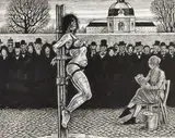 Le Châtiment by Georges Pichard, Encre de Chine, feutre, crayon et gouache pour une illustration représentant une femme dénudée attachée à un poteau. Enc, sold Jun 2026