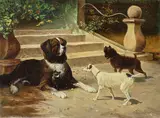 Dogs with cat by Oidentifierad Konstnär, 1898, Oil painting, sold Sep 2026