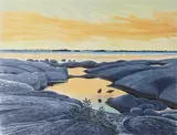 Solnedgång i skärgården by Lars Holm, colour lithograph, sold Sep 2026