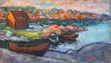 Boathouse with boats by Wilhelm Sjöholm, Oil painting, sold Aug 2026