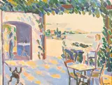 Beach café by Eric Elfvén, Oil painting, sold Aug 2026