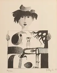 Untitled by Stig Lindberg, LITHOGRAPH Girl with painting, sold Aug 2026