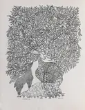 Ghui Jhaad Hiran (Drooping Fig Tree, Deer) (Gond Art) by Jangarh Singh Shyam, 1995, Pen and ink on paper, sold Dec 2024