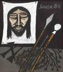 Still Life with Veronica‘s Veil and the Accoutrements of Christ‘s Passion by F. N. Souza, 1984, Acrylic on board, sold Sep 2024