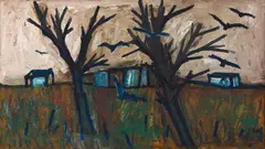 Landscape With Crows by F. N. Souza, Oil on board, sold Sep 2024