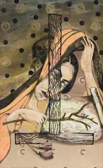 Twig Detail by Anju Dodiya, 2005, Acrylic on embroidered fabric pasted on board, sold Oct 2024