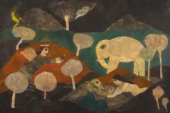 The Raag Deepak by Badri Narayan, Watercolour and pen and ink on paper, sold Jun 2024