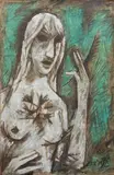 Untitled (Lady with Quill) by M. F. Husain, Oil on canvas, sold Jun 2024