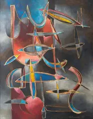Schwebende Kleinigkeiten by Max Olderock, 1960, Öl/Hartfaser, sold Mar 2026