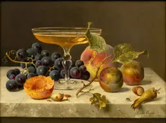 Stillleben mit Champagnerschale und Obst by Emilie Preyer, Öl/Leinwand, sold Nov 2025