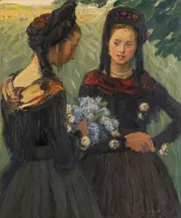 Friesische Mädchen mit Fliederstrauß by Otto Heinrich Engel, 1902, Öl/Leinwand, sold Nov 2025