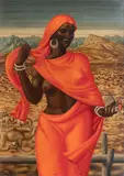 Das rote Gewand by Werner Peiner, 1936, Öl/Papier/Holz, sold Sep 2025