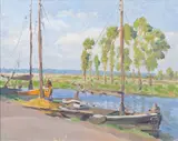 Kähne auf der Este by Paul Kayser, Öl/Leinwand/Holz, sold Sep 2025