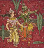 A Scene from the Ramayana by Abdulrahim Apabhai Almelkar, Ink and gouache on paper laid on card, sold Oct 2024