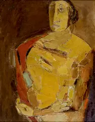 Red Shawl by Tyeb Mehta, Oil on board, sold Oct 2024