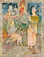 Gathering of The Comedians by Sakti Burman, 2001, Oil on canvas, sold Oct 2024