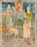 Gathering of The Comedians by Sakti Burman, 2001, Oil on canvas, sold Oct 2024