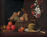Composition à la coupe de fruits et au bouquet de fleurs sur un entablement by Johannes Dünz, Huile sur toile (Toile d’origine), sold Jul 2026