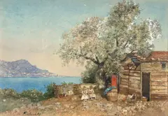 Deux jeunes filles au pied d’un olivier sur un rivage méditerranéen by Charlotte de Rothschild, Aquarelle sur traits de crayon, sold Sep 2026