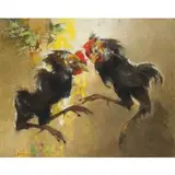 Combat de coqs by Gerard Pieter Adolfs, 1958, oil on canvas, sold Jun 2024