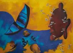Buddha and the Broken Boat by Arpana Caur, 1992, Oil on canvas, sold Jun 2024