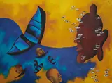 Buddha and the Broken Boat by Arpana Caur, 1992, Oil on canvas, sold Jun 2024