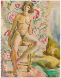 Nue au Châle (Nude with Shawl) by Jehangir Sabavala, Gouache and pen on paper pasted on mount board, sold Mar 2024