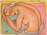 Woman Reclining in Bed by Jogen Chowdhury, 2002, Felt tip pen and pastel on paper, sold Mar 2024