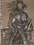 Untitled by F. N. Souza, 1968, Chemical alterations and marker on magazine paper pasted on paper, sold Mar 2024