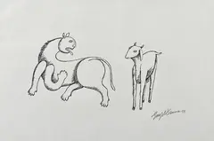 Untitled (Lion and Goat) by Manjit Bawa, Pen and ink on paper, sold Mar 2024