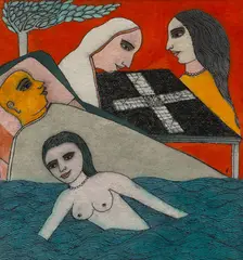 A Composition on the Game of Chaupad by Badri Narayan, 2000, Watercolour, pen and ink on paper, sold Mar 2024