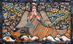 Abahana (Invocation) by Jayasri Burman, 2019, Watercolour, acrylic and pen on paper pasted on board, sold Mar 2024