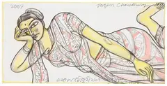 Reclining Woman by Jogen Chowdhury, 2007, Pastel and charcoal on paper pasted on mount board, sold Dec 2023