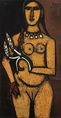 Woman with Corn by Akbar Padamsee, Oil on board, sold Dec 2023
