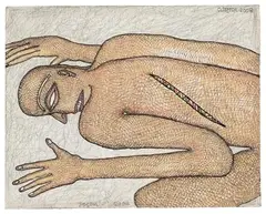 Dead-I by Jogen Chowdhury, 2004, Pen, ink and pastel on paper, sold Dec 2023