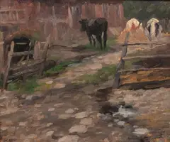 Kälber auf dem Hof by Thomas Herbst, Öl/Karton, sold May 2025