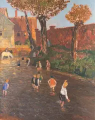 Badende Kinder in Aschersleben by Fritz Overbeck, 1907, Öl/Lw, sold May 2025