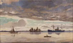 Abendstimmung auf der Elbe by Friedrich Kallmorgen, Öl/Lw./Karton, sold May 2025