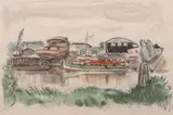 Kleiner Dampfer auf der Este by Paul Kayser, Aquarell über Bleistift, sold May 2025