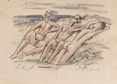 Knaben am Strand by Emil Maetzel, Aquarell über Tuschfederzeichnung, sold Mar 2025