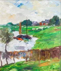 Küstenszene mit Booten by Thomas Herbst, Öl/Papier/Karton, sold Mar 2025