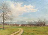 Blick von Hombrechtikon über den Zürichsee auf die Glarner Alpen by Adolf Helmberger, 1951, Öl/Lw, sold Sep 2024