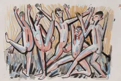 Fünf Knaben by Emil Maetzel, Gouache über Tuschfederzeichnung, sold Sep 2024